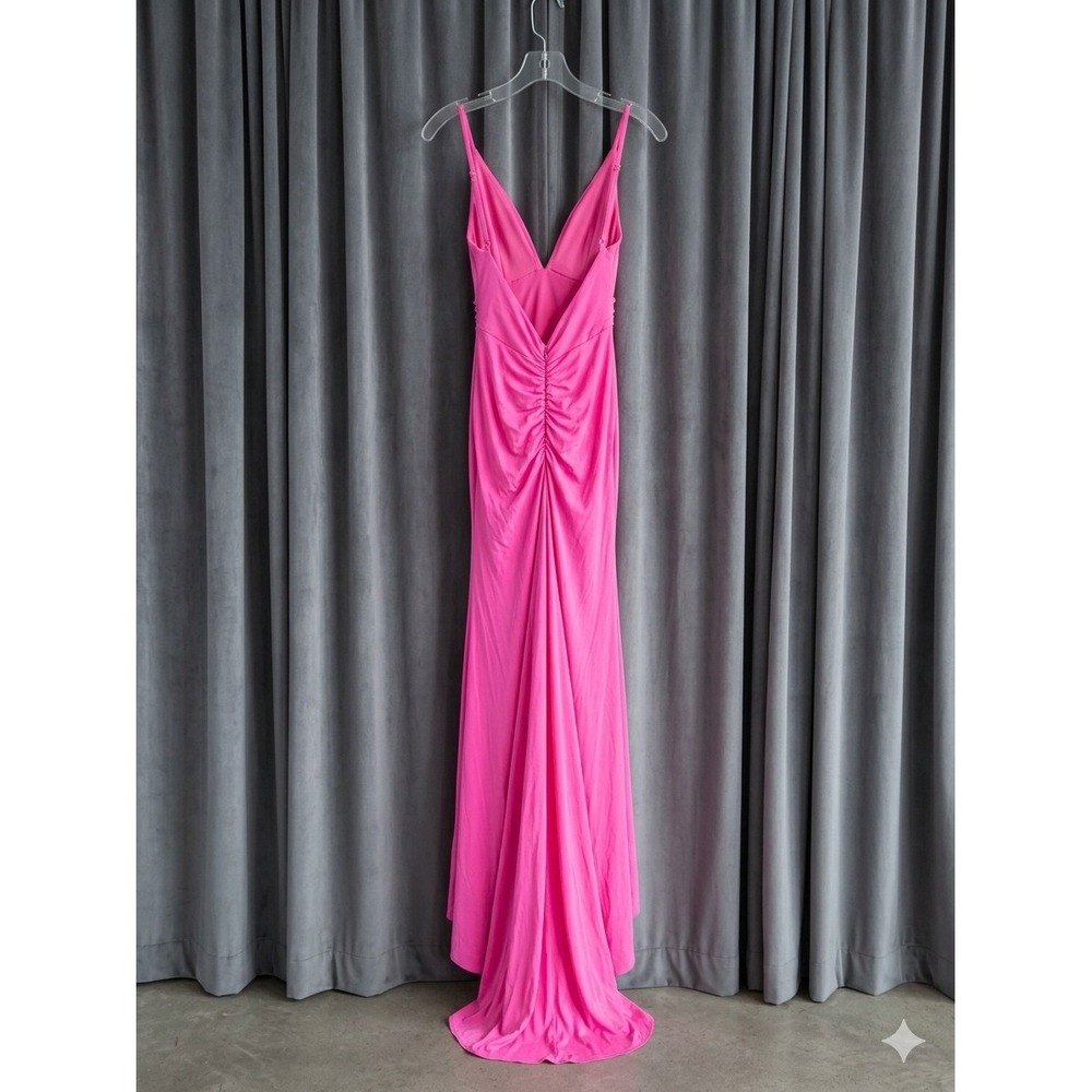 Stacees Fuchsia Pink V-Neck Mermaid Gown Ruched Back Train US 6 SM0310152496 - Picture 2 of 5